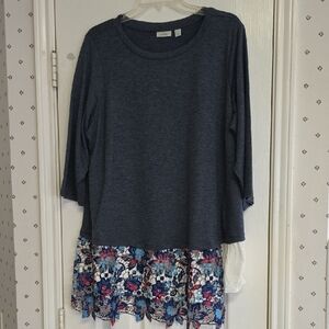 New Logo/Lori Goldstein 3/4 Sleeve Blue Heather Tunic Lace. One Piece Size 1X